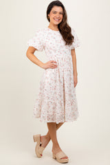 Ivory Floral Lace Ruffle Midi Dress