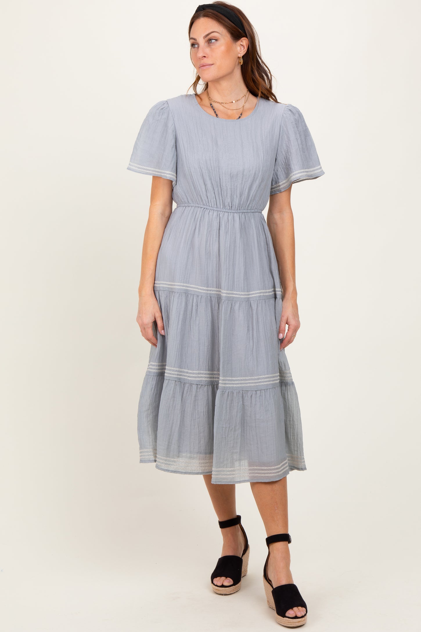 Light Blue Embroidered Tiered Midi Dress