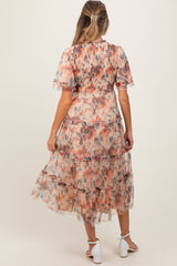 Peach Floral Mesh Smocked Maternity Midi Dress