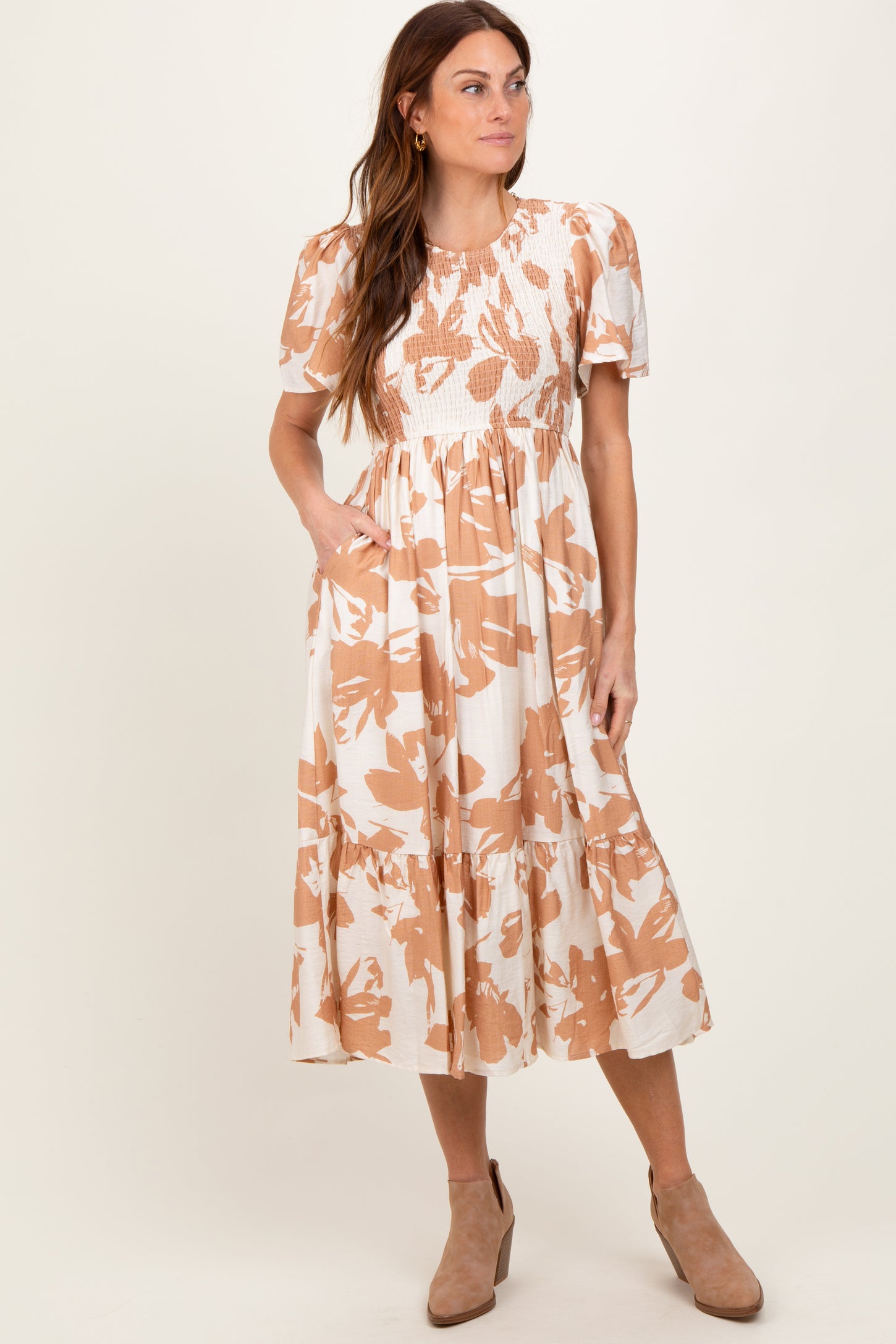 Cream Floral Smocked Short Sleeve Maternity Midi Dress