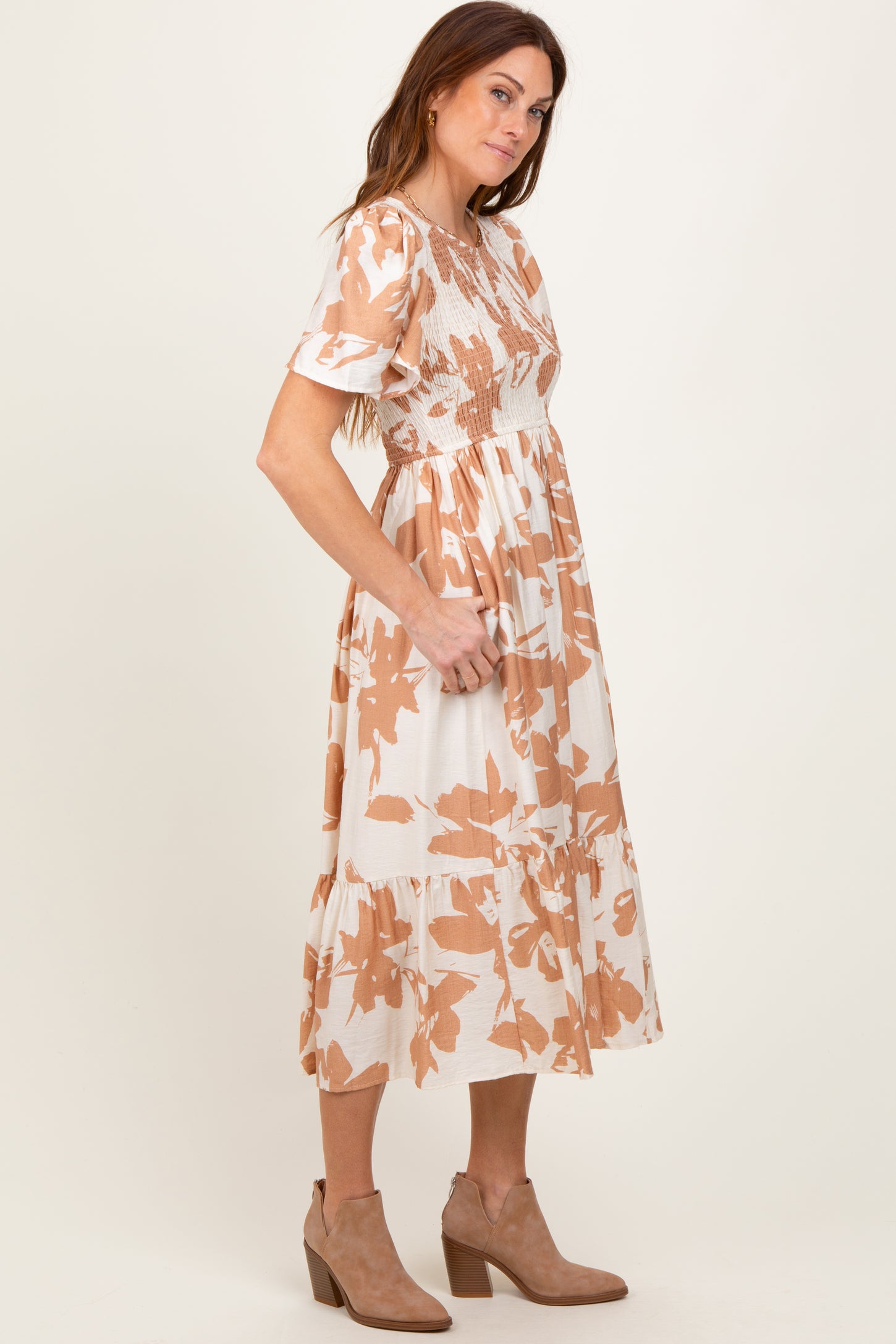 Cream Floral Smocked Short Sleeve Midi Dress
