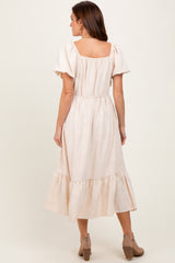 Cream Textured Square Neck Puff Sleeve Midi Dress