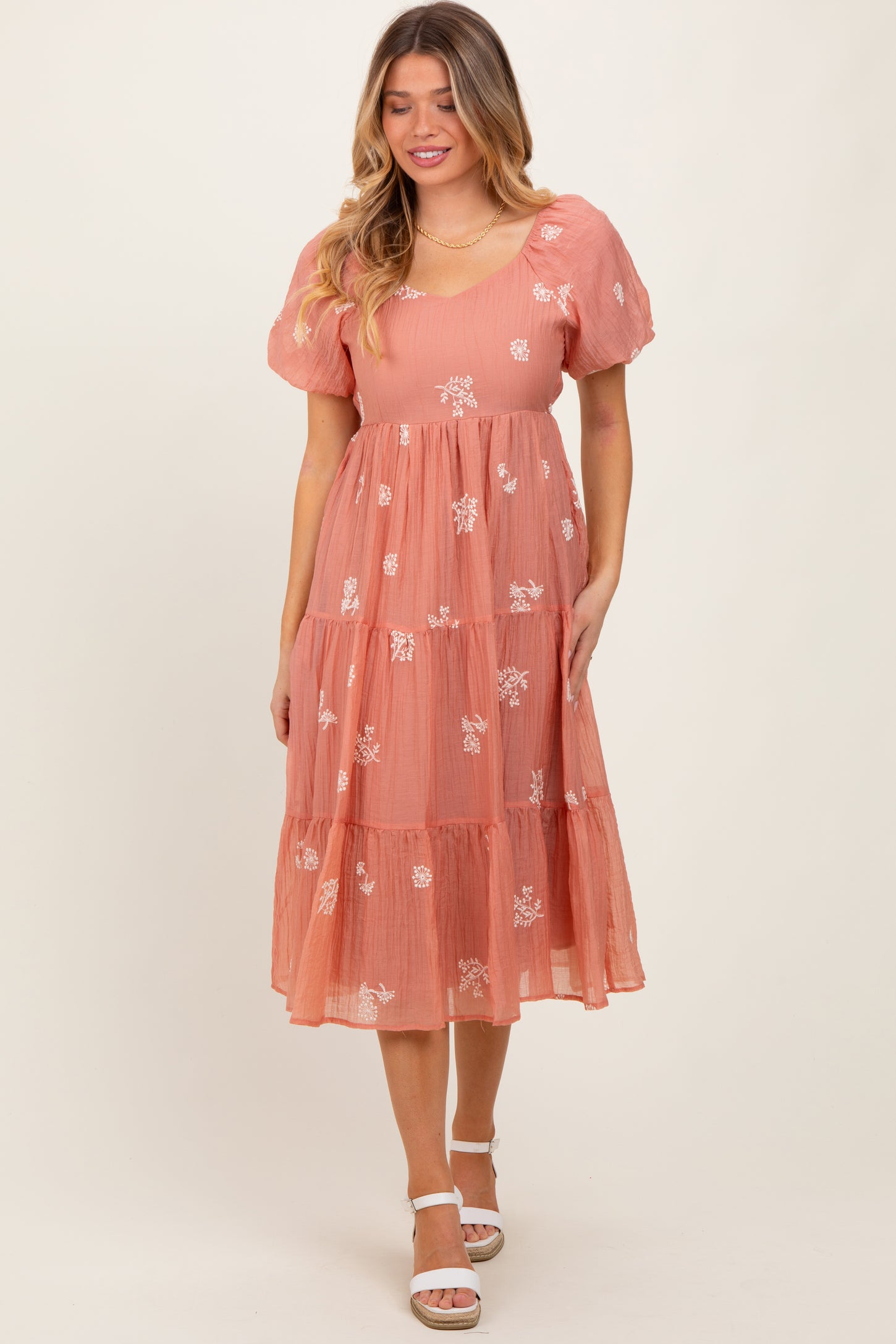 Light Pink Floral Embroidered Tiered Midi Dress