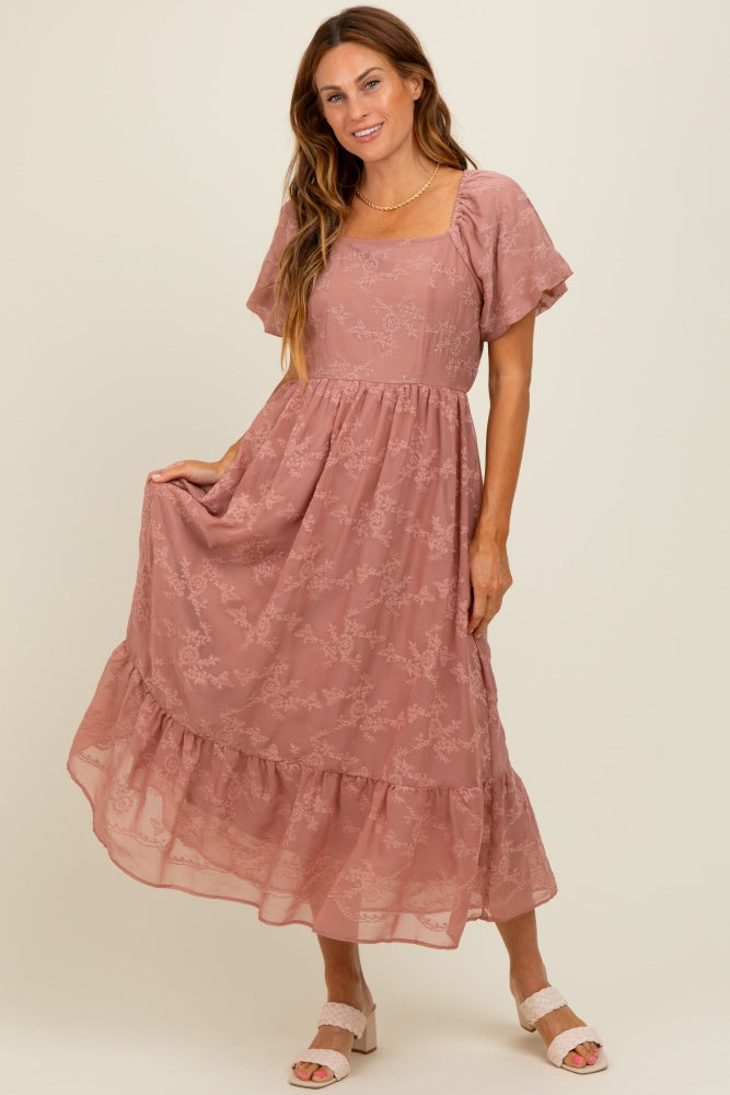 Mauve Embroidered Square Neck Maternity Midi Dress