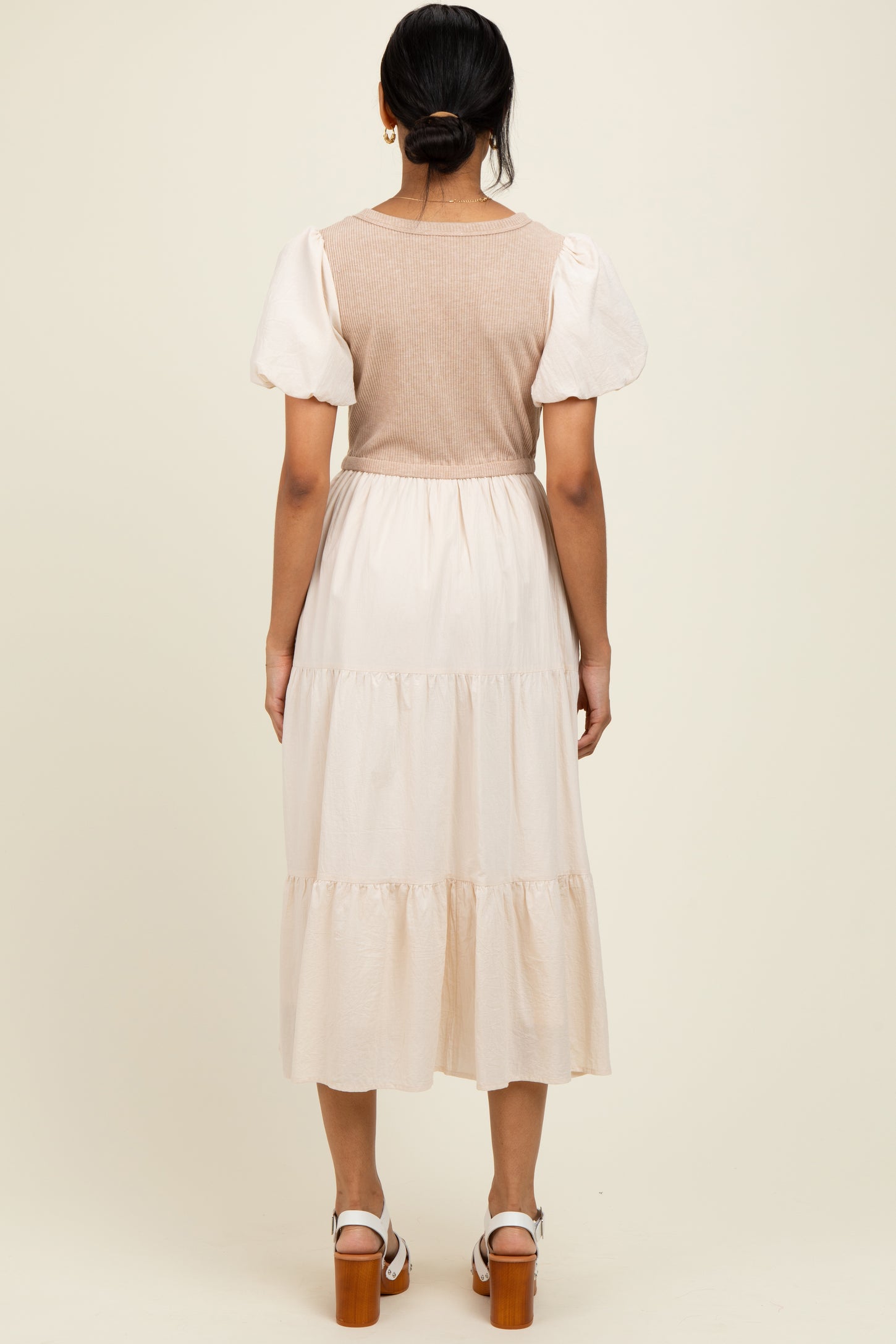 Cream Knit Mixed Tiered Midi Dress