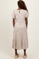 Ivory Stripe Tiered Tied Waist Midi Dress