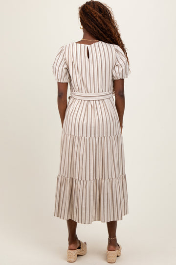 Ivory Stripe Tiered Tied Waist Midi Dress