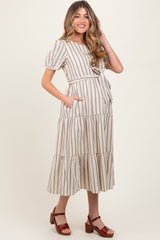 Olive Stripe Tiered Tied Waist Maternity Midi Dress