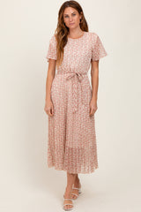 Cream Pink Print Pleated Midi Dress