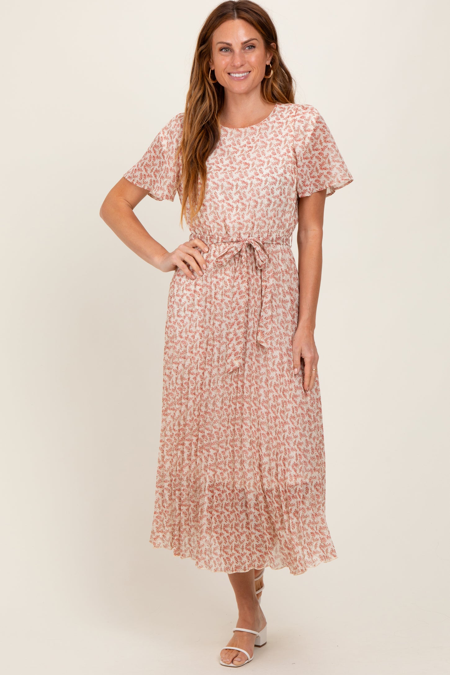 Cream Pink Print Pleated Midi Dress
