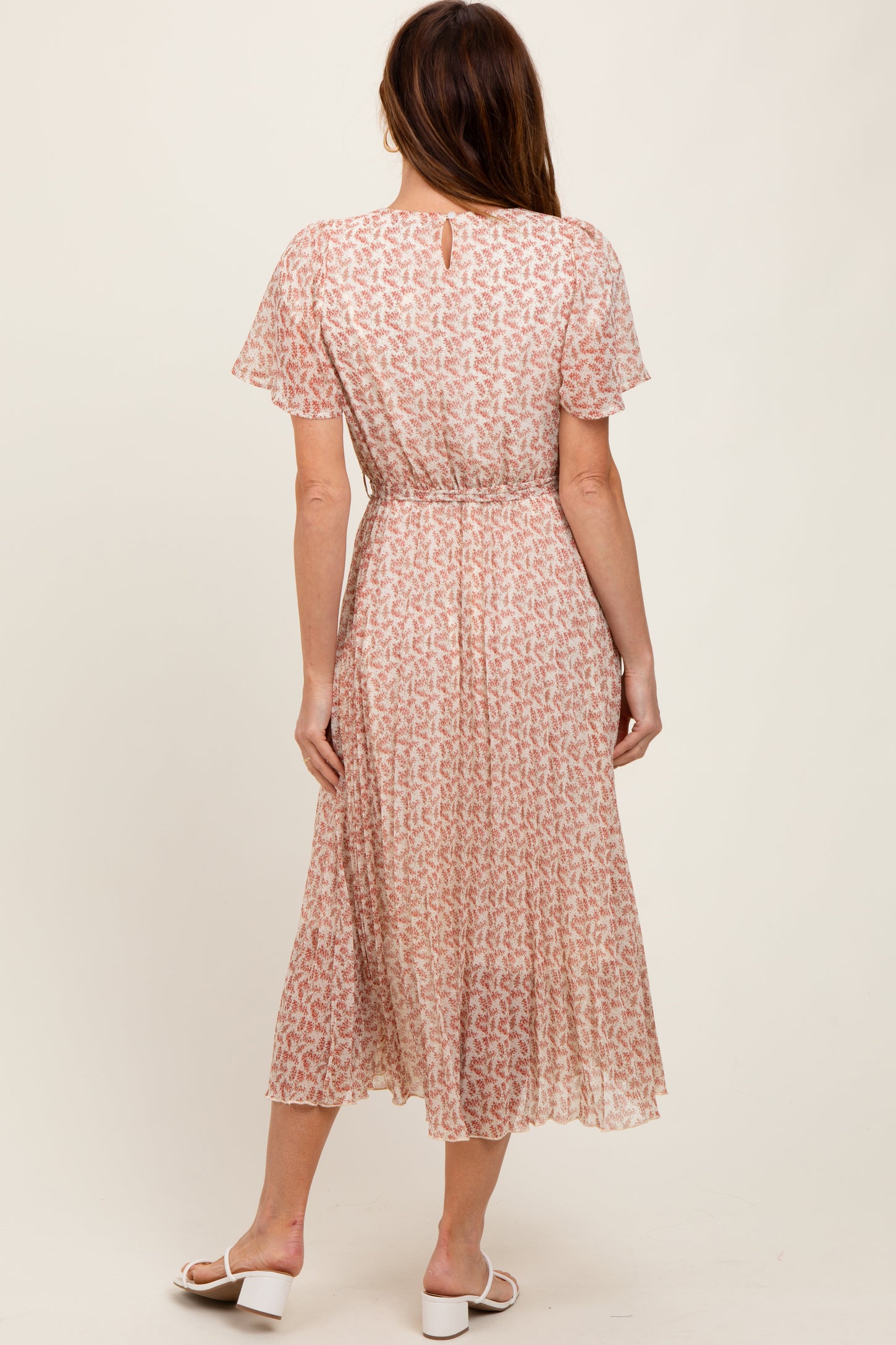Cream Pink Print Pleated Midi Dress