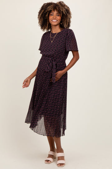 Black Micro Floral Pleated Maternity Midi Dress