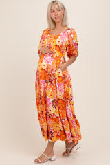 Orange Floral Tiered Puff Sleeve Maternity Midi Dress