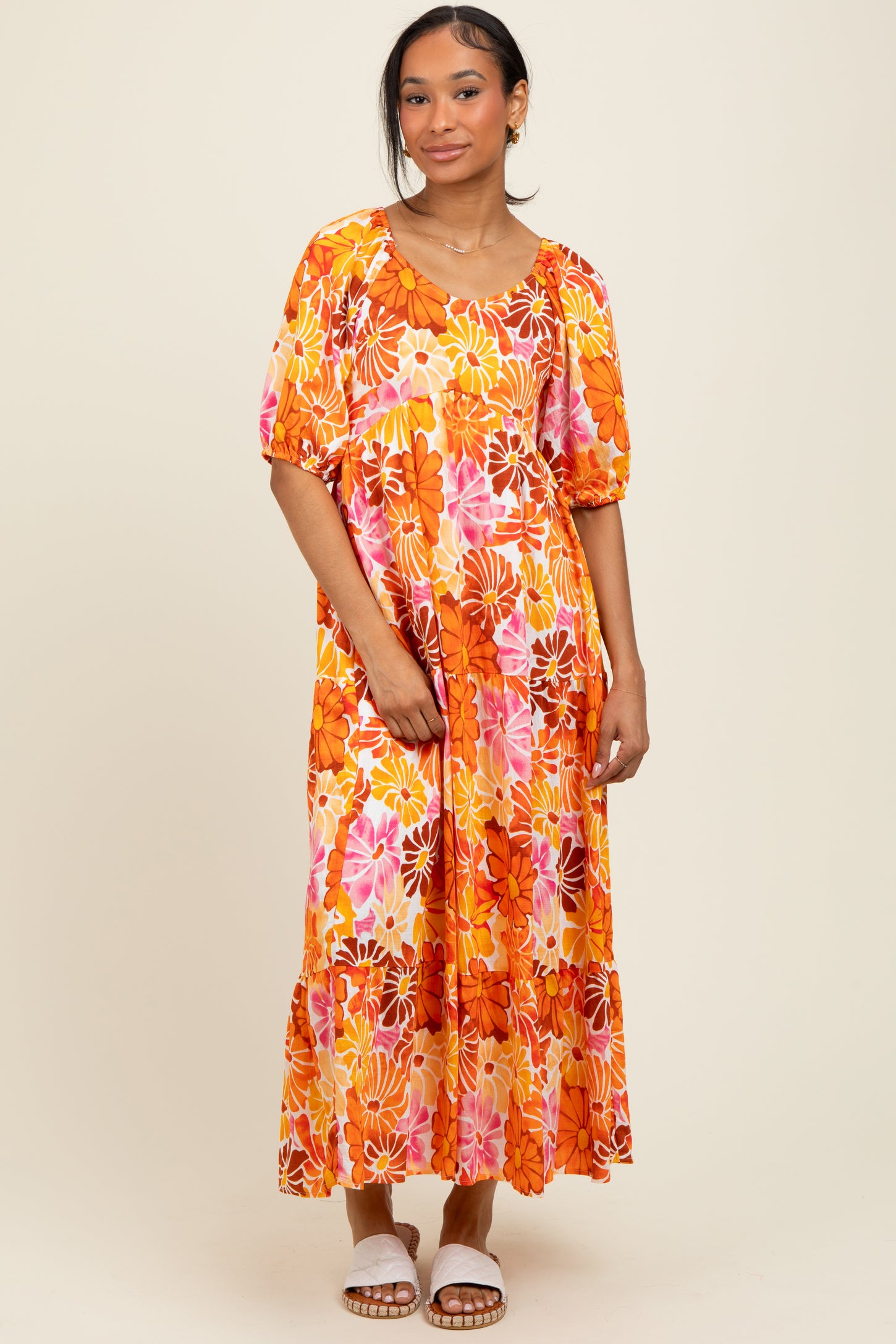 Orange Floral Tiered Puff Sleeve Midi Dress