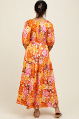 Orange Floral Tiered Puff Sleeve Midi Dress