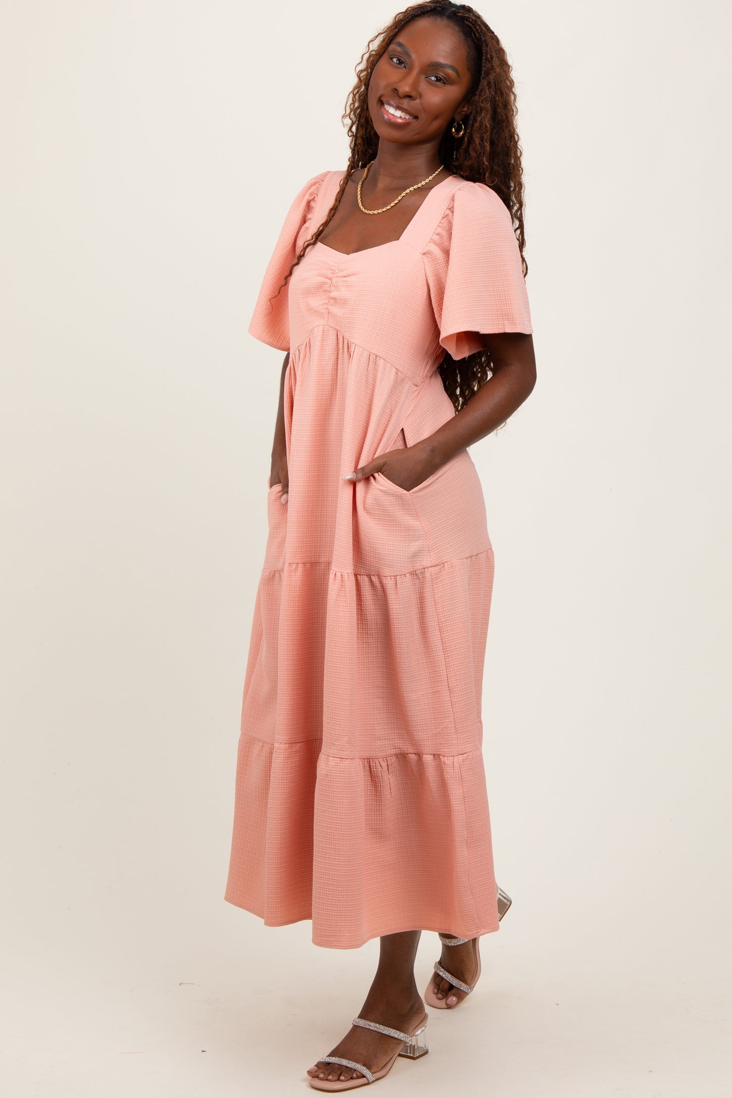 Peach Sweetheart Neck Short Puff Sleeve Tiered Midi Dress
