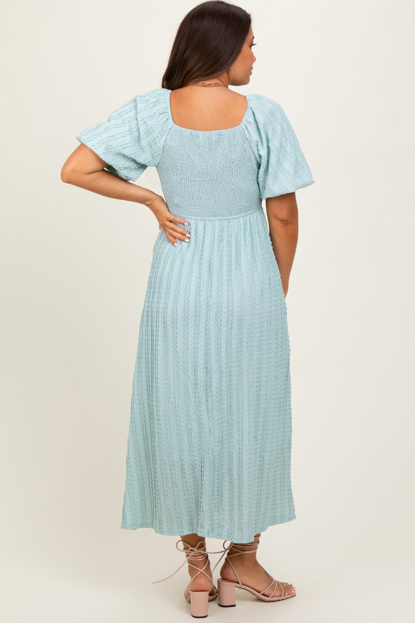 Mint Green Smocked V-Neck Short Puff Sleeve Textured Maternity Midi Dress
