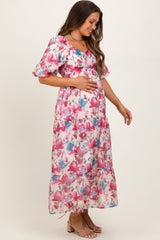 Pink Floral Tiered Puff Sleeve Maternity Midi Dress
