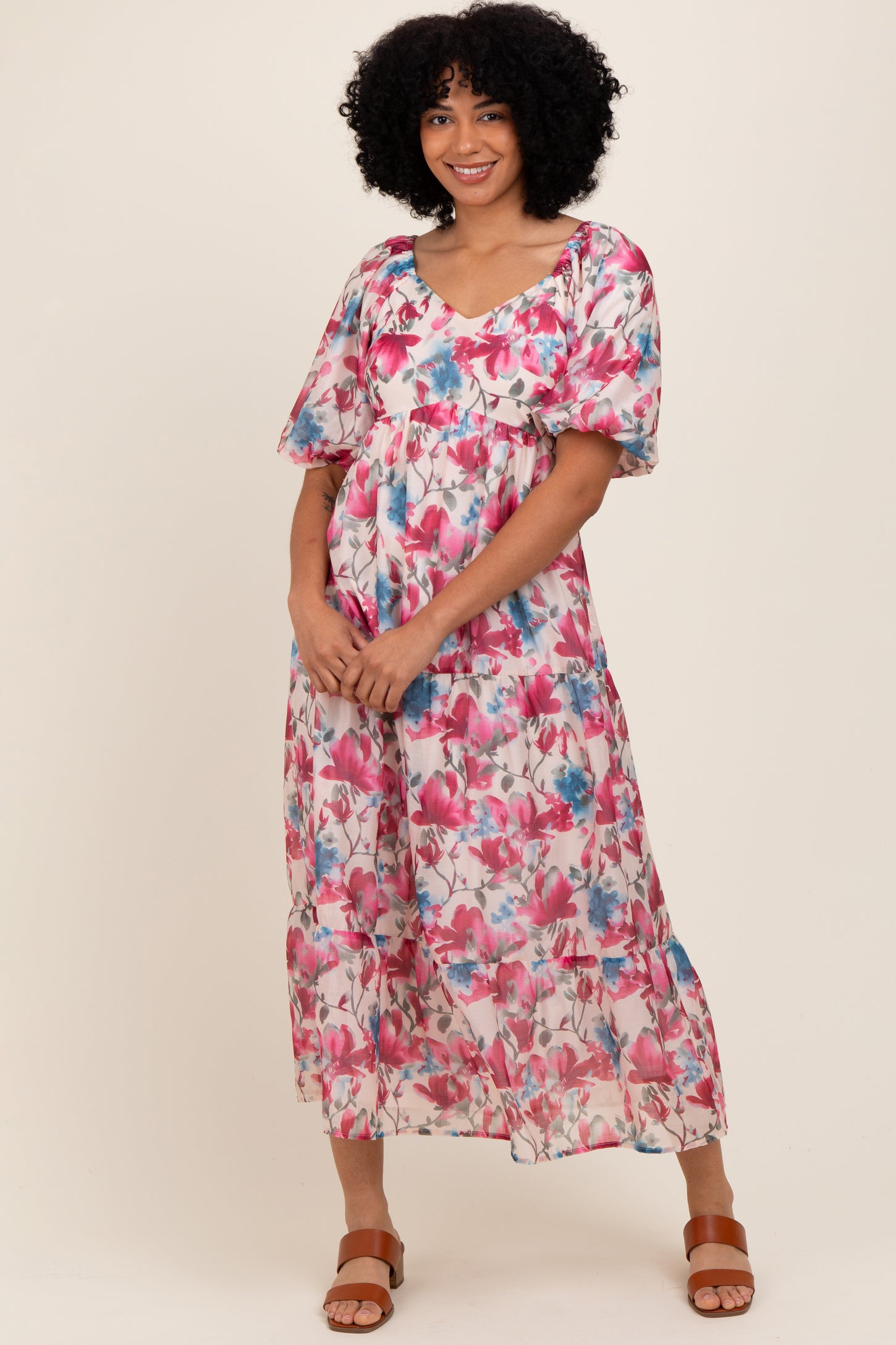 Pink Floral Tiered Puff Sleeve Maternity Midi Dress