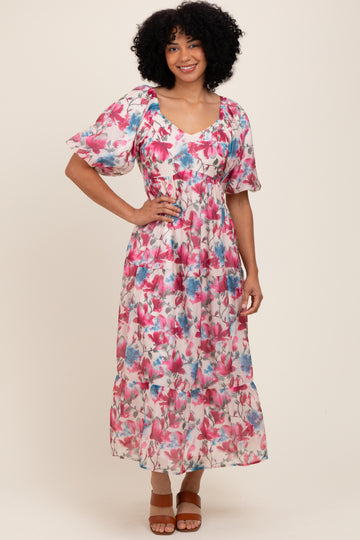 Pink Floral Tiered Puff Sleeve Midi Dress