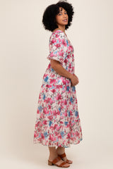 Pink Floral Tiered Puff Sleeve Midi Dress