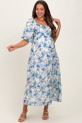 Blue Floral Tiered Puff Sleeve Maternity Midi Dress