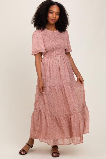 Mauve Floral Smocked Tiered Midi Dress