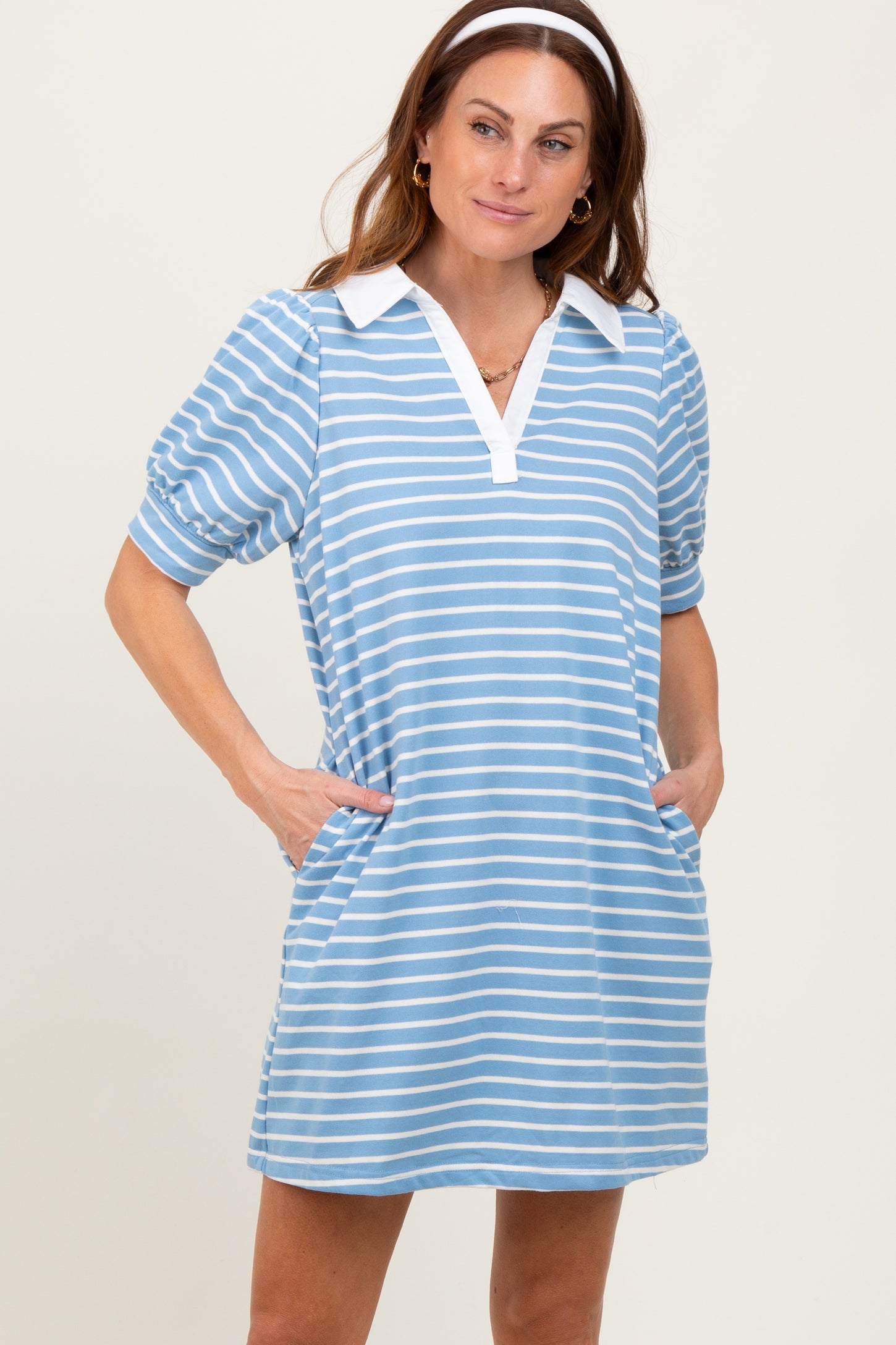 Light Blue Striped Collared Puff Sleeve Dress