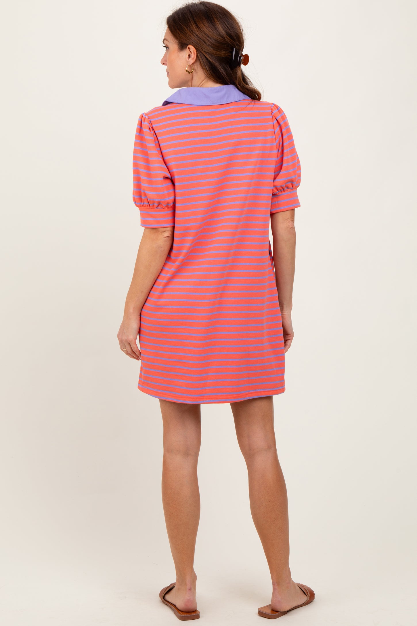 Coral Striped Collared Puff Sleeve Dress