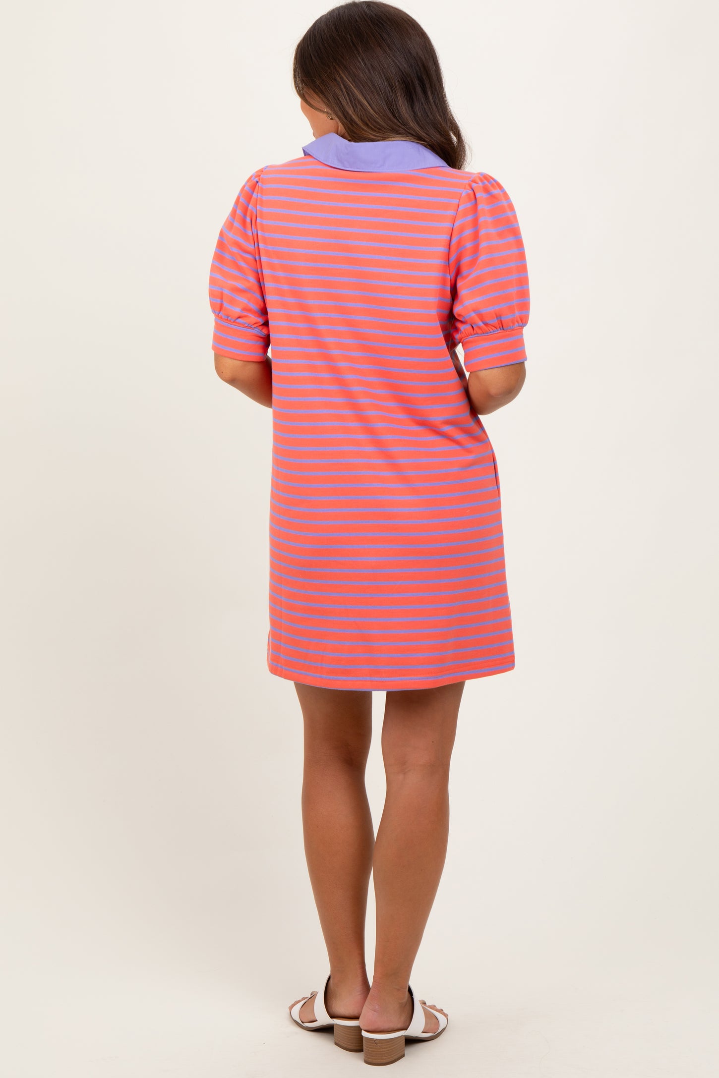 Coral Striped Collared Puff Sleeve Maternity Dress