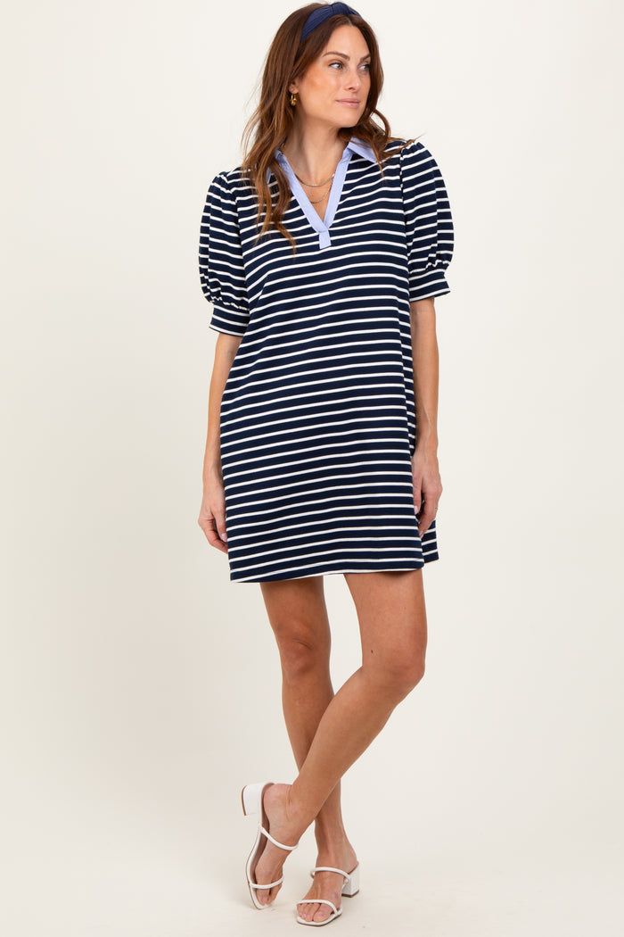 Navy Striped Collared Puff Sleeve Dress