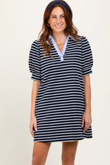 Navy Striped Collared Puff Sleeve Dress