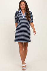 Navy Striped Collared Puff Sleeve Maternity Dress
