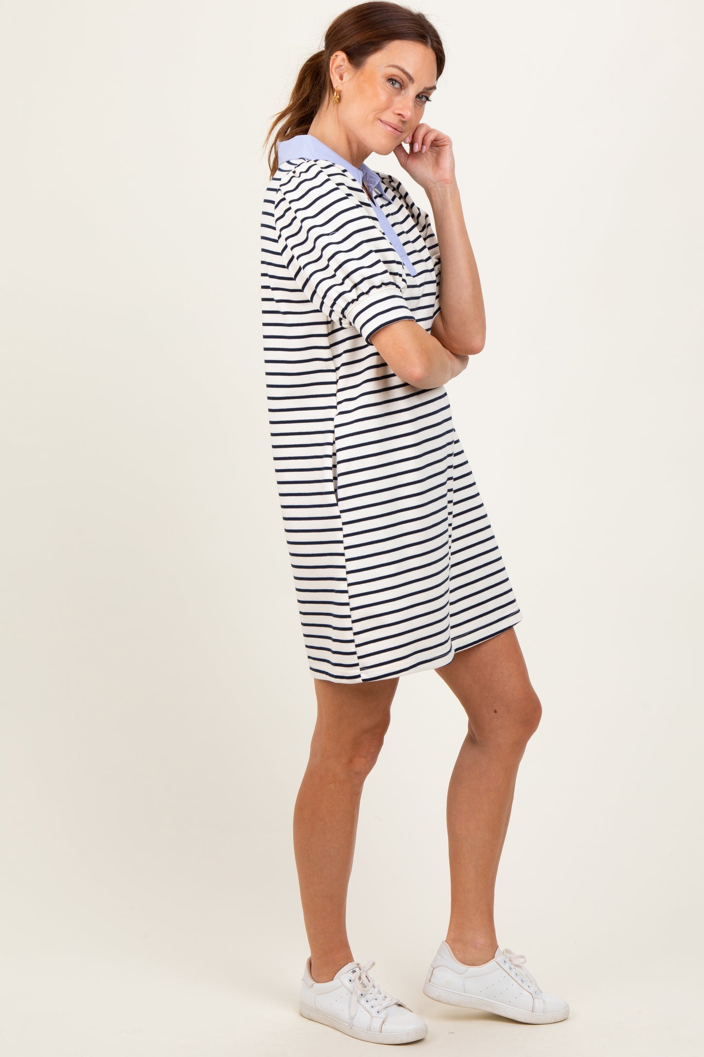 White Striped Collared Puff Sleeve Dress