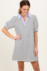 White Striped Collared Puff Sleeve Dress