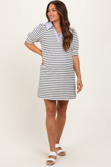 White Striped Collared Puff Sleeve Maternity Dress