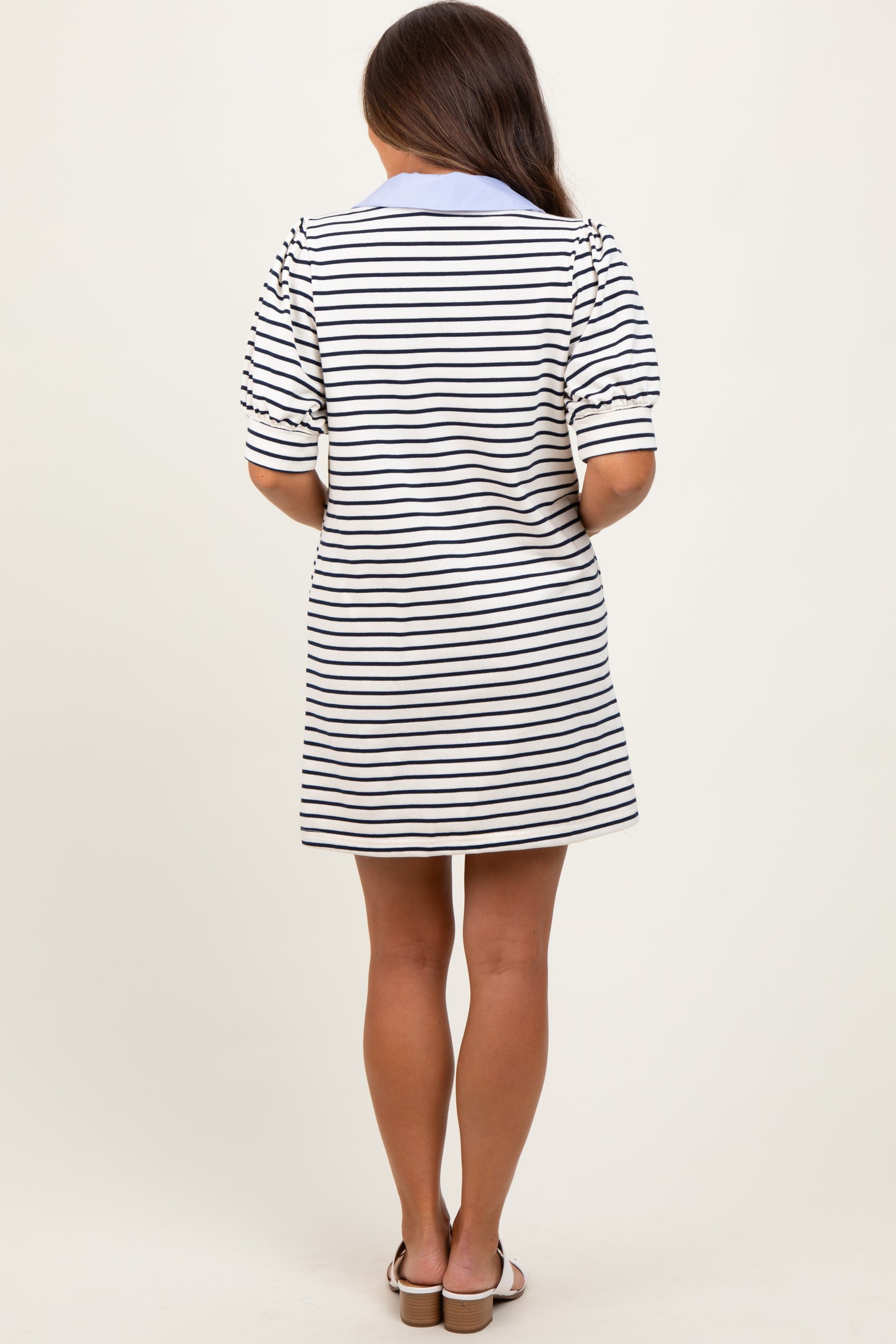White Striped Collared Puff Sleeve Maternity Dress