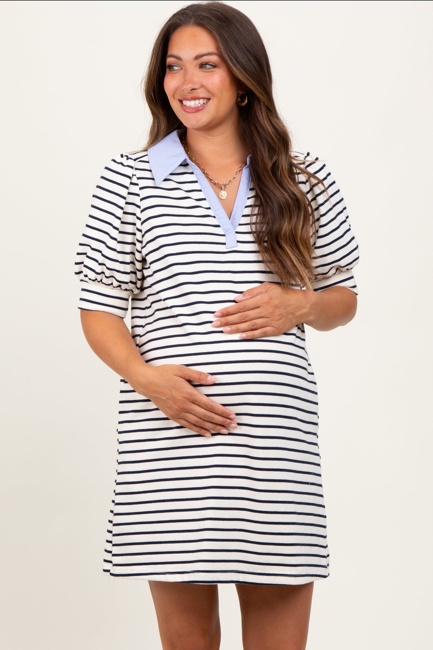 White Striped Collared Puff Sleeve Maternity Dress