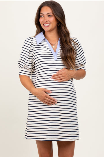 White Striped Collared Puff Sleeve Maternity Dress