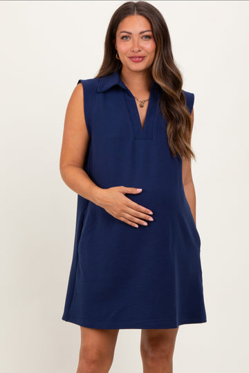 Navy Sleeveless Polo Maternity Mini Dress