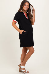 Black Contrast Trim Maternity Mini Polo Dress