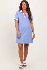 Blue Contrast Trim Maternity Mini Polo Dress
