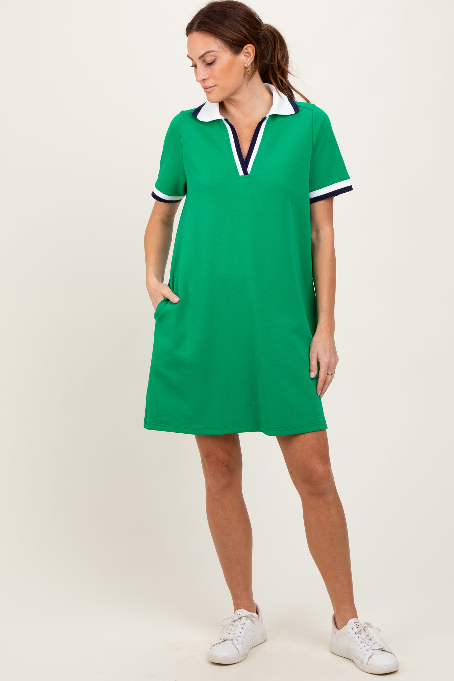 Green Contrast Trim Maternity Mini Polo Dress