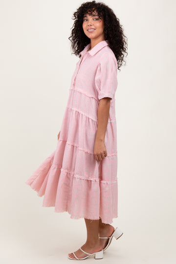 Pink Striped Tiered Raw Hem Midi Dress
