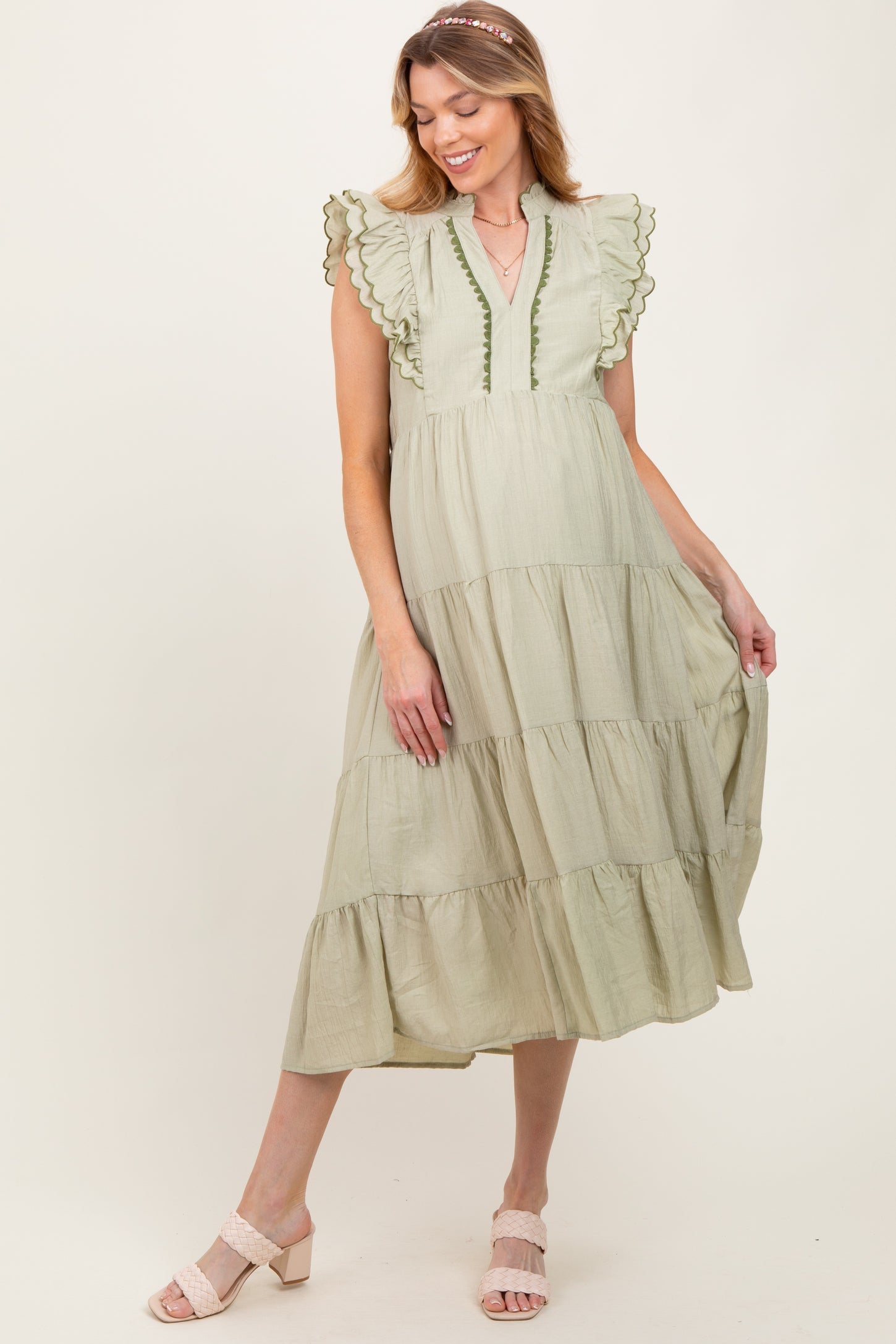 Light Olive Scallop Detail Tiered Maternity Midi Dress