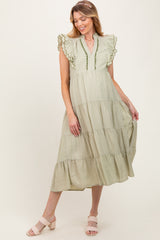 Light Olive Scallop Detail Tiered Maternity Midi Dress