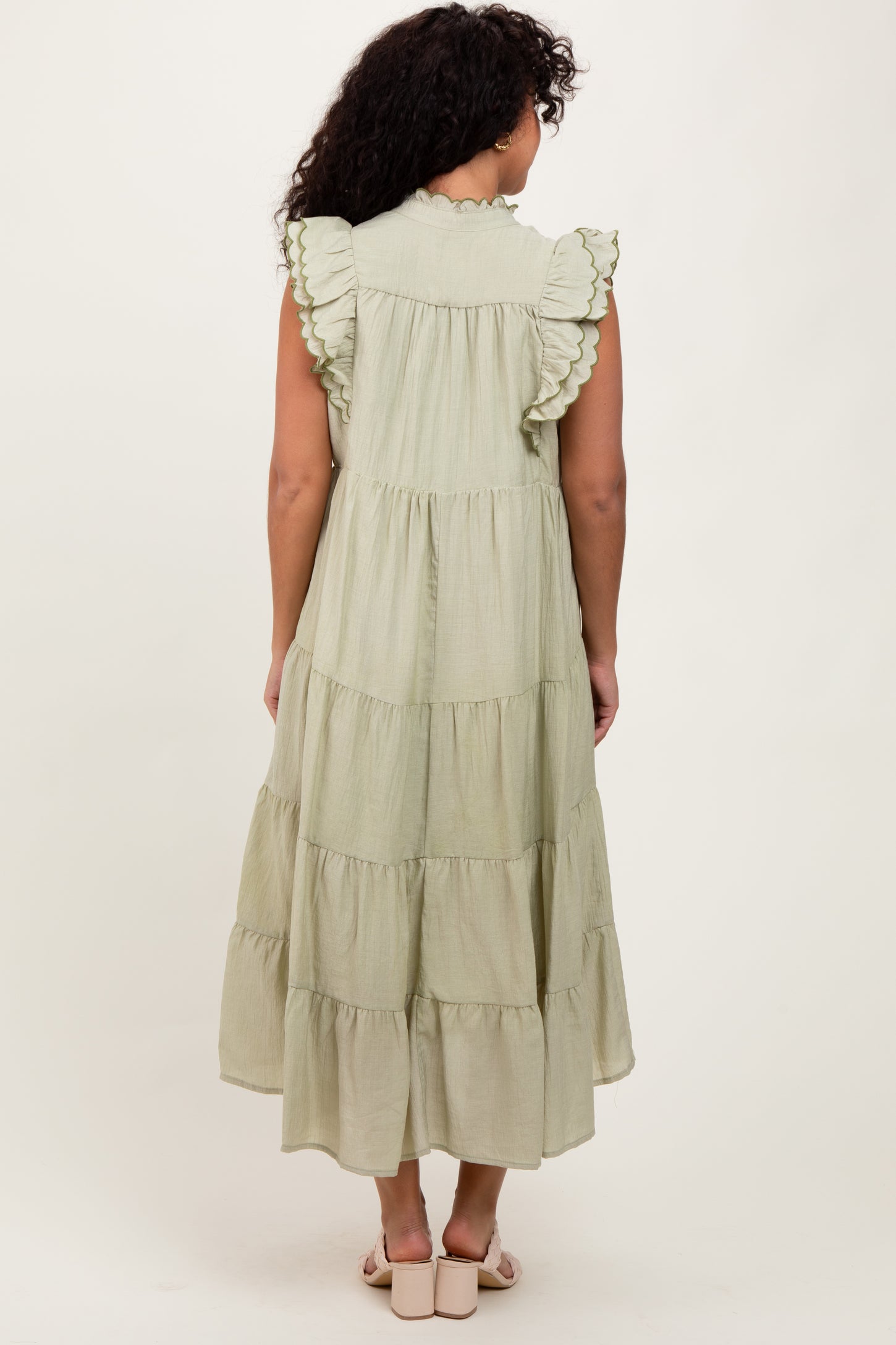 Light Olive Scallop Detail Tiered Midi Dress