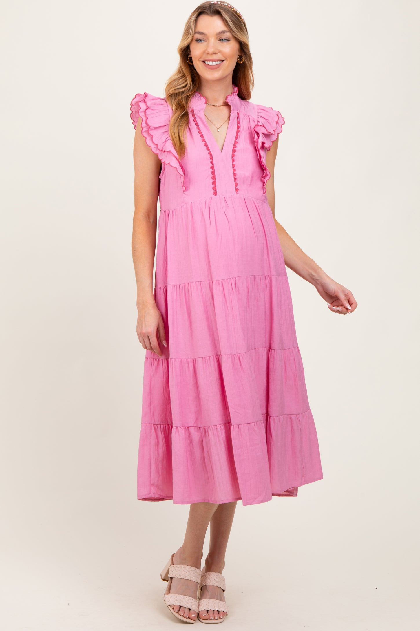 Pink Scallop Detail Tiered Maternity Midi Dress