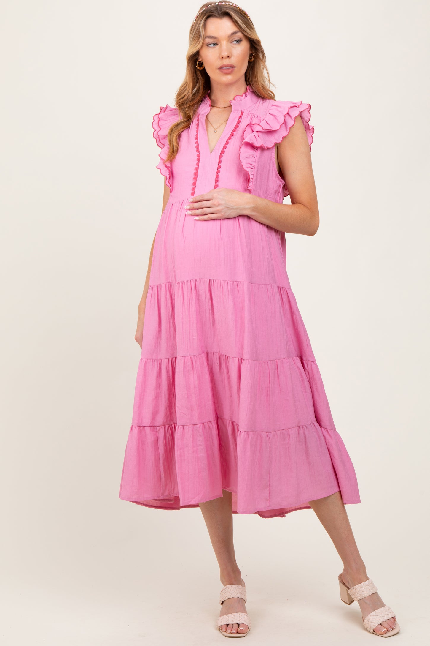 Pink Scallop Detail Tiered Maternity Midi Dress