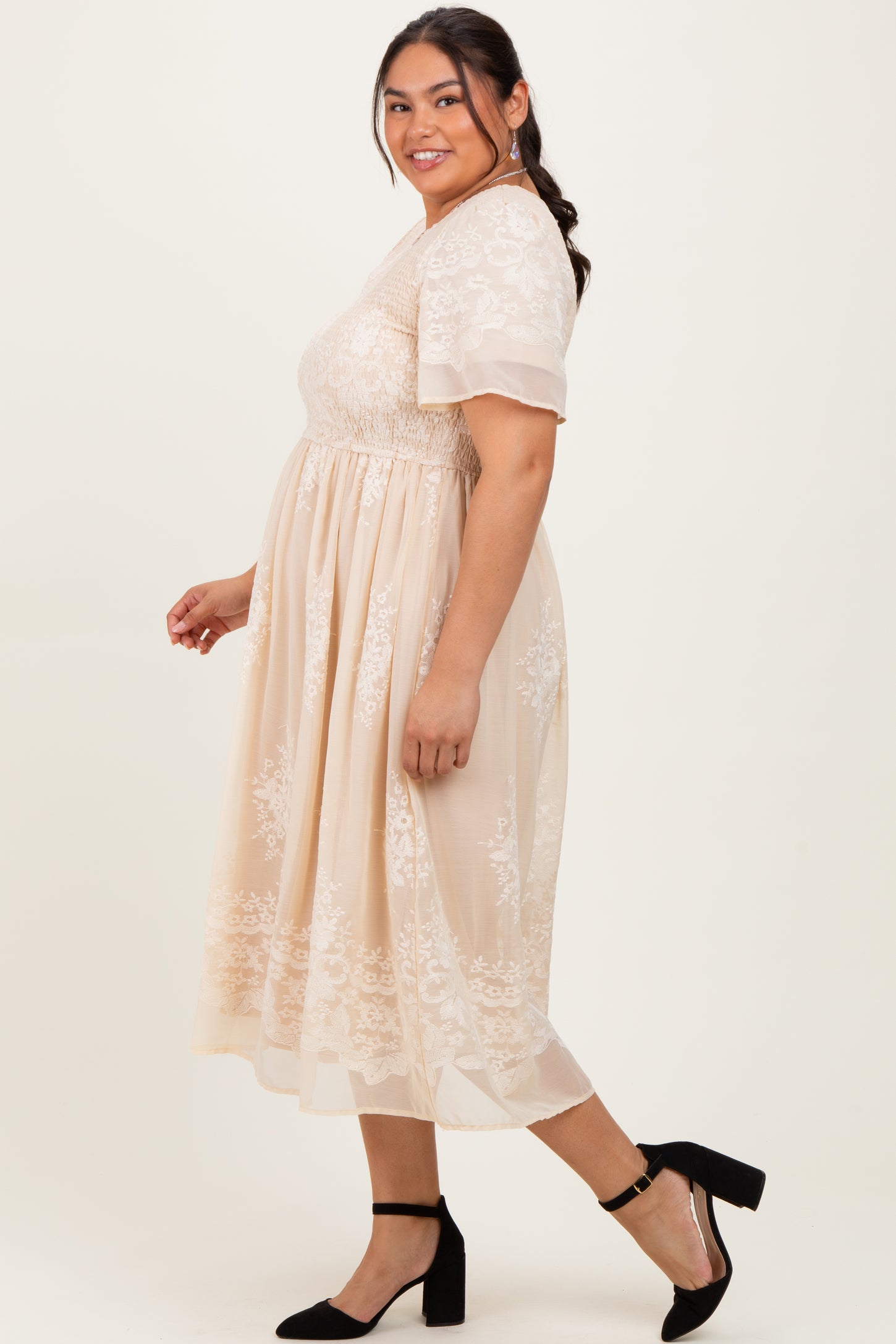 Cream Embroidered Smocked Plus Midi Dress